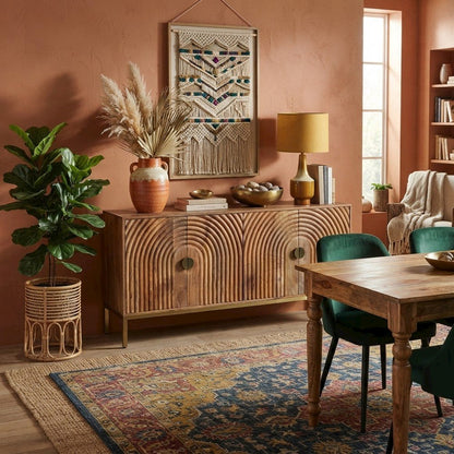 Solid Mango Wood Buffet Cabinet with Curved Arch Doors and Storage, Natural