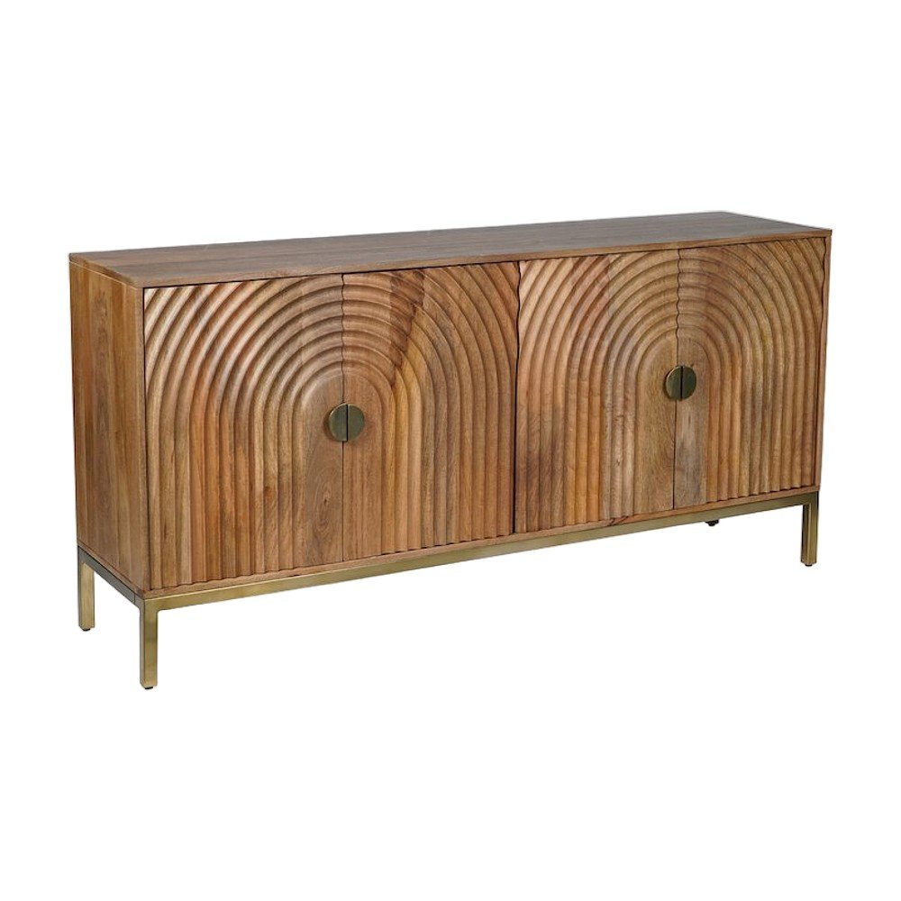 Solid Mango Wood Buffet Cabinet with Curved Arch Doors and Storage, Natural