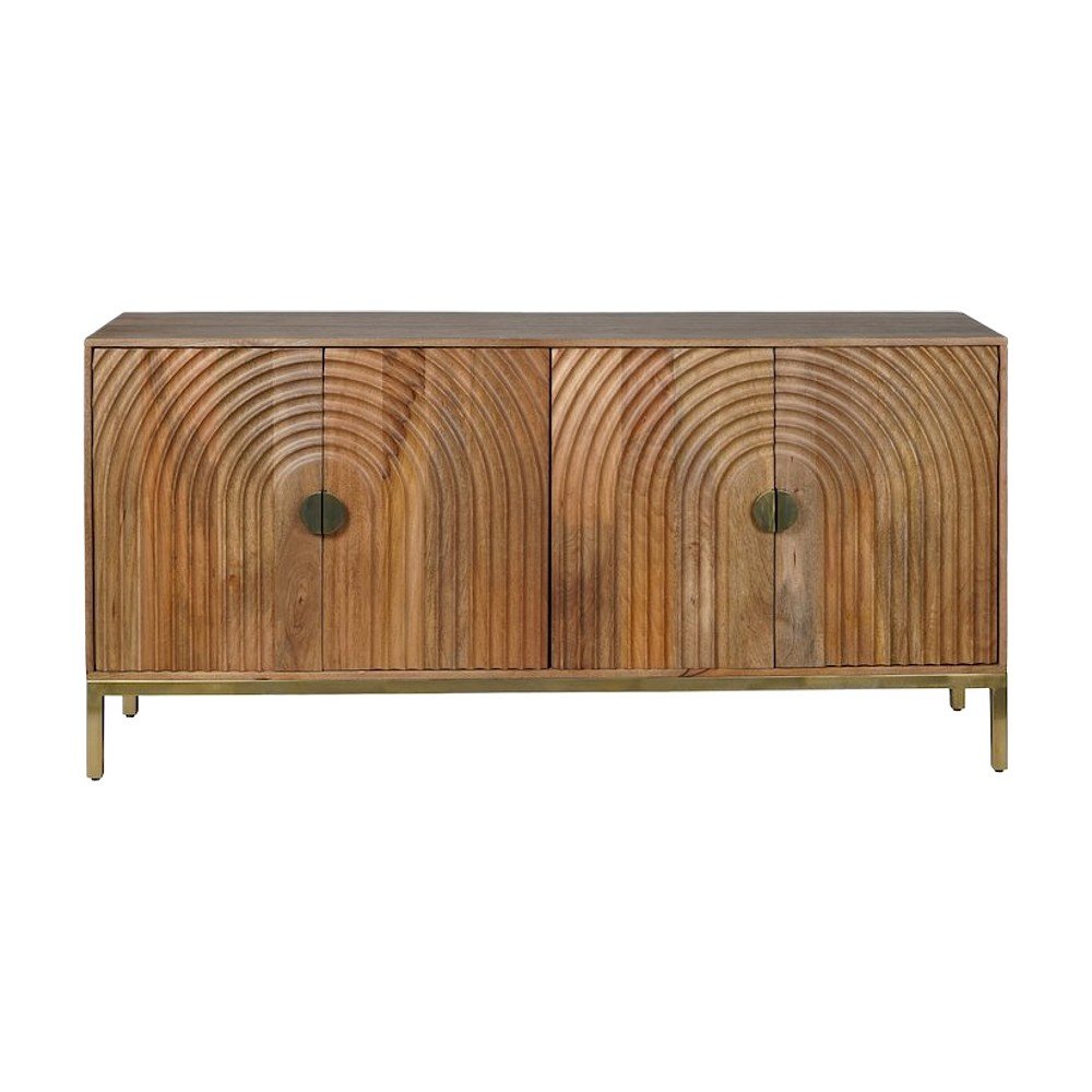 Solid Mango Wood Buffet Cabinet with Curved Arch Doors and Storage, Natural