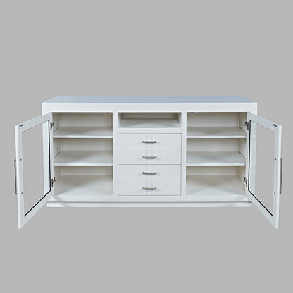 60" Contemporary Media Console with Tempered Glass Doors, Drawers and Shelves