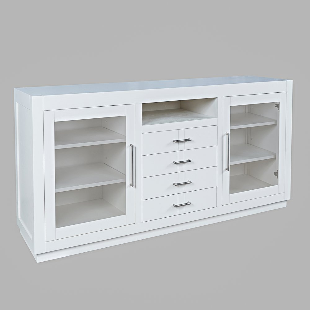 60" Contemporary Media Console with Tempered Glass Doors, Drawers and Shelves