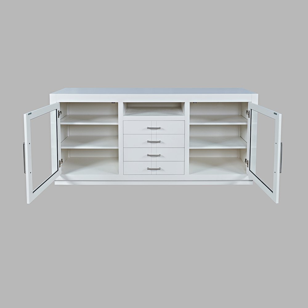 70" Contemporary Media Console with Tempered Glass Doors, Drawers and Shelves