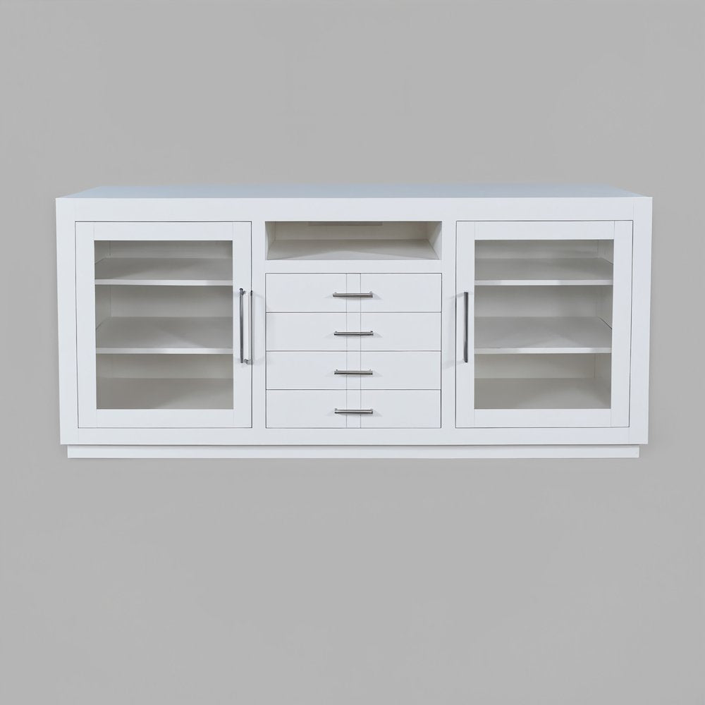 70" Contemporary Media Console with Tempered Glass Doors, Drawers and Shelves