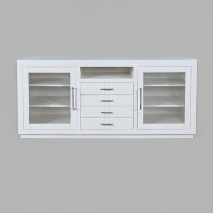 70" Contemporary Media Console with Tempered Glass Doors, Drawers and Shelves