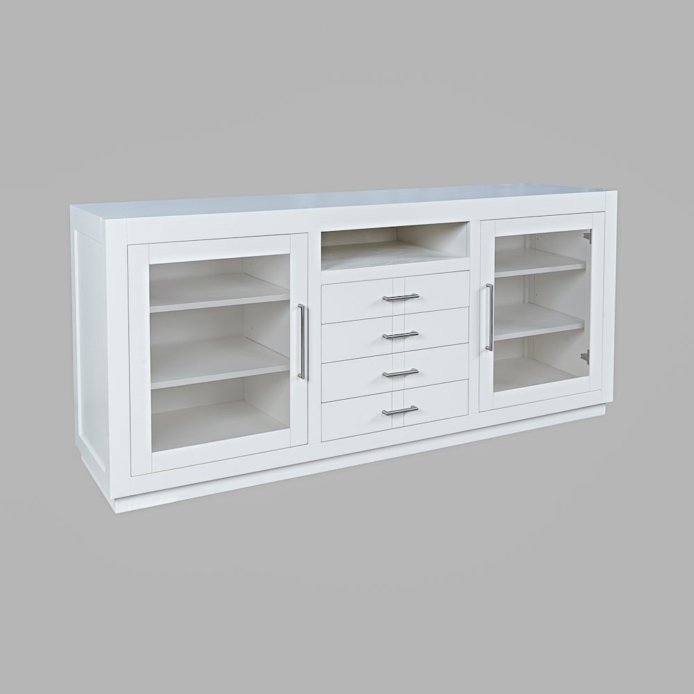 70" Contemporary Media Console with Tempered Glass Doors, Drawers and Shelves