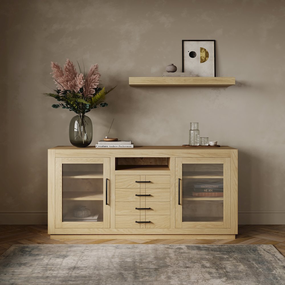 60" Contemporary Media Console with Tempered Glass Doors, Drawers and Shelves