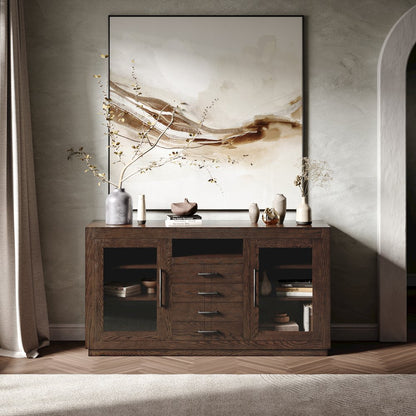 60" Contemporary Media Console with Tempered Glass Doors, Drawers and Shelves