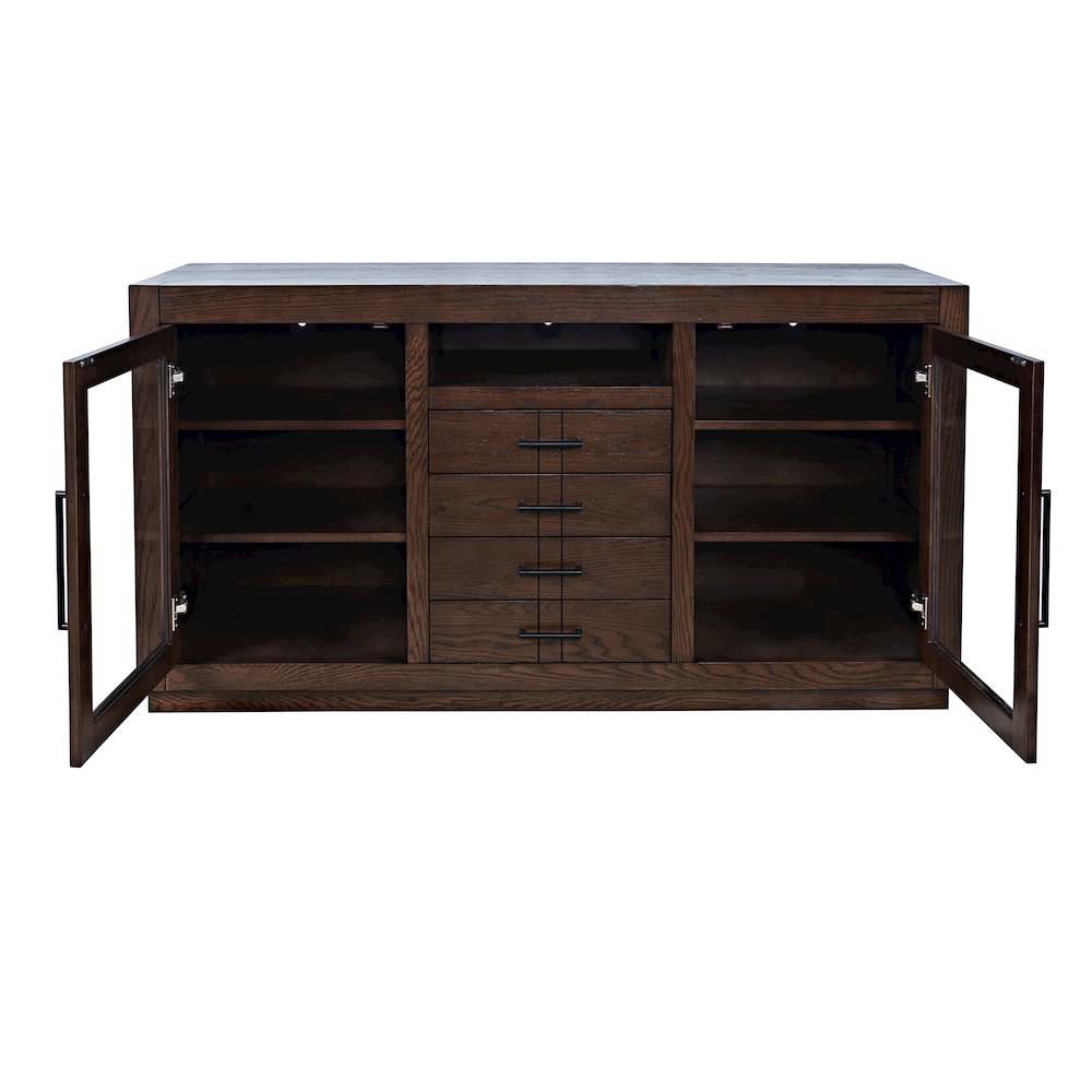 60" Contemporary Media Console with Tempered Glass Doors, Drawers and Shelves