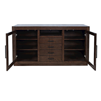 60" Contemporary Media Console with Tempered Glass Doors, Drawers and Shelves