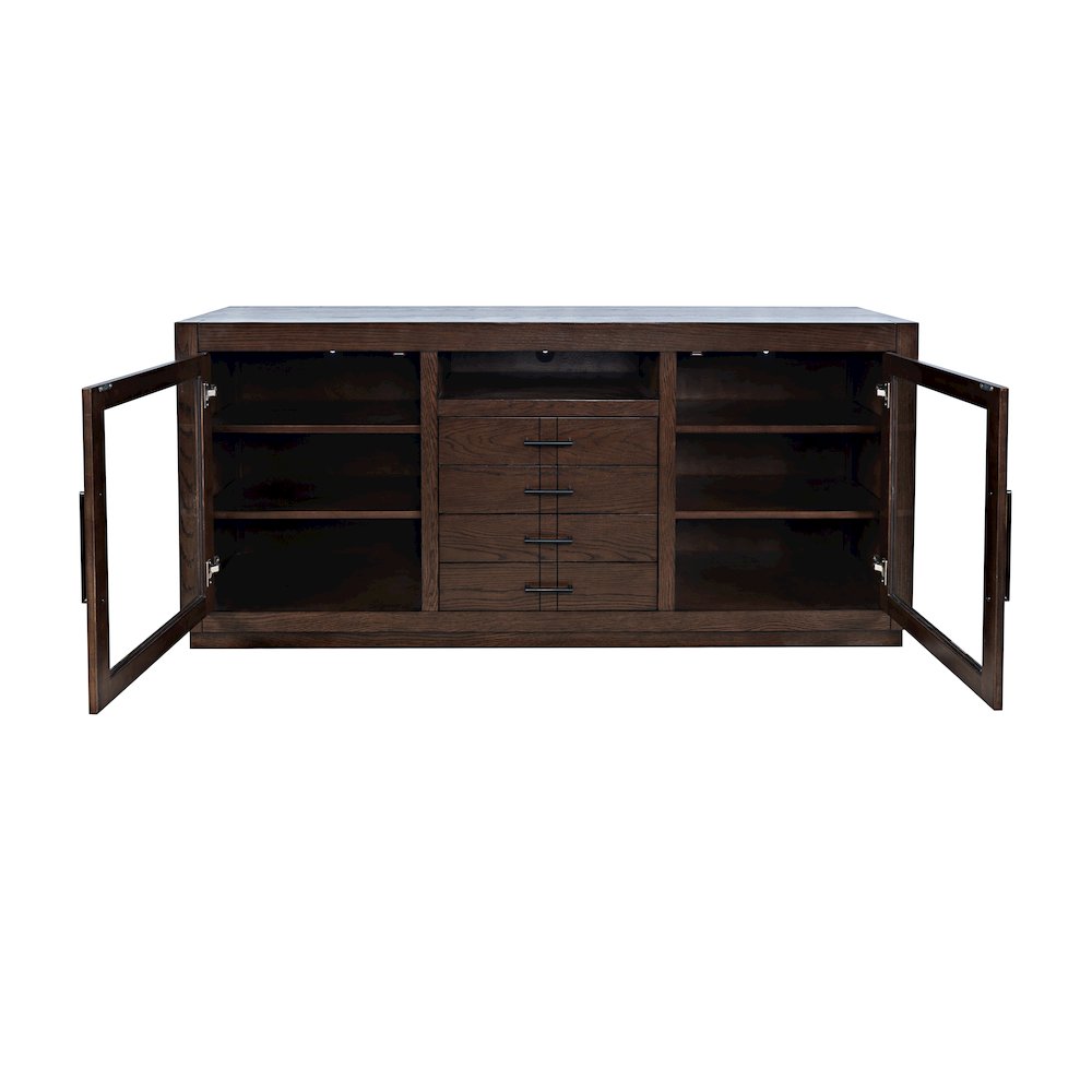 70" Contemporary Media Console with Tempered Glass Doors, Drawers and Shelves
