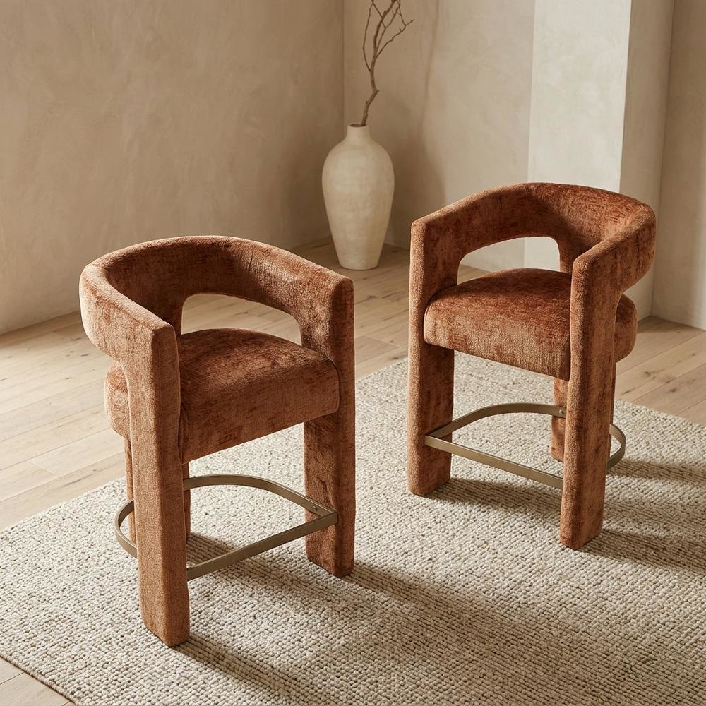 Modern Upholstered Counter Stool, Iron Frame, Rust, Set of 2