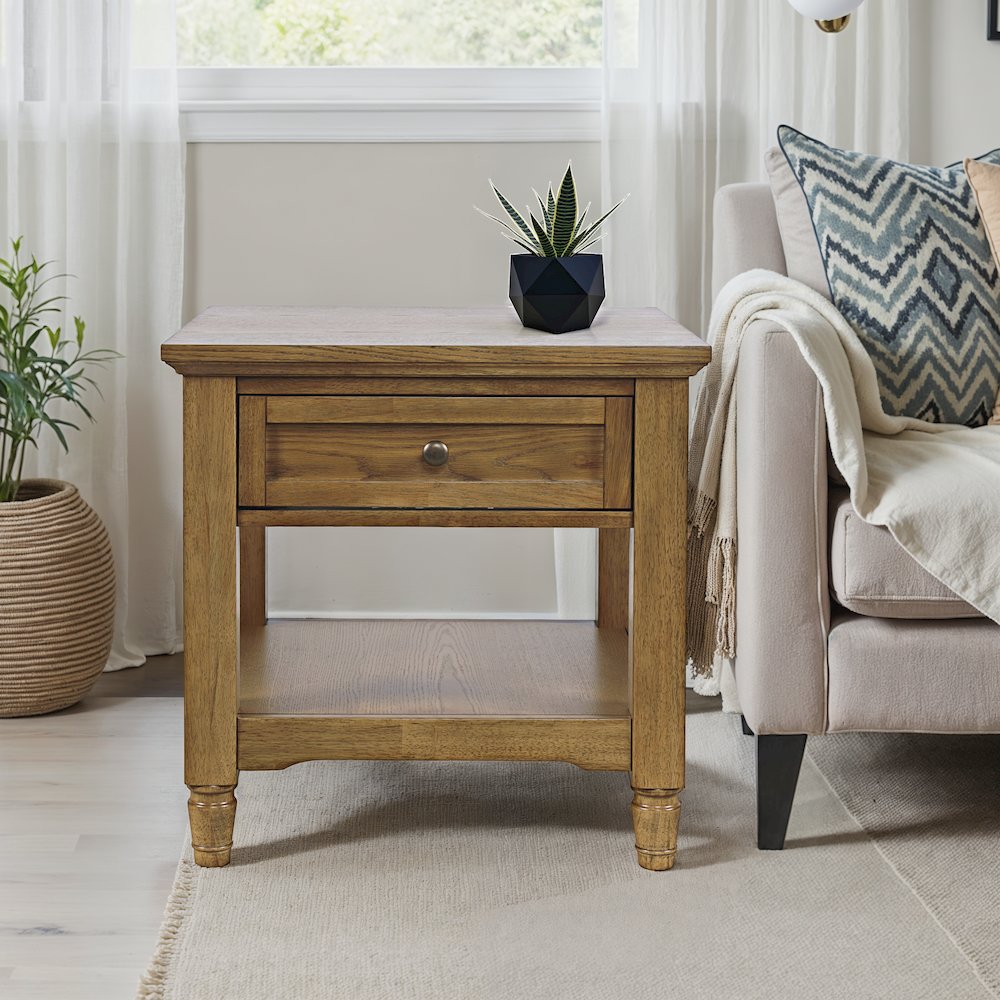 Brentwood Modern Transitional 24" Square End Table with Drawer and Storage Shelf