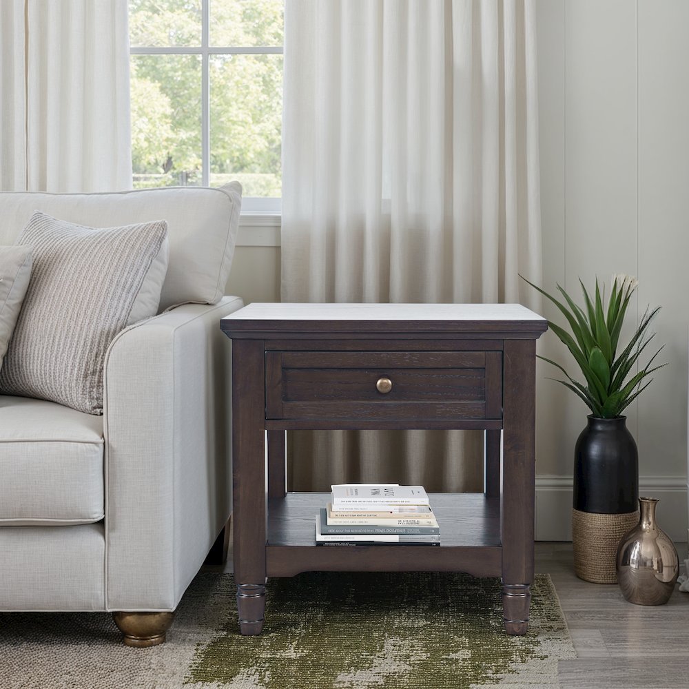 Brentwood Modern Transitional 24" Square End Table with Drawer and Storage Shelf