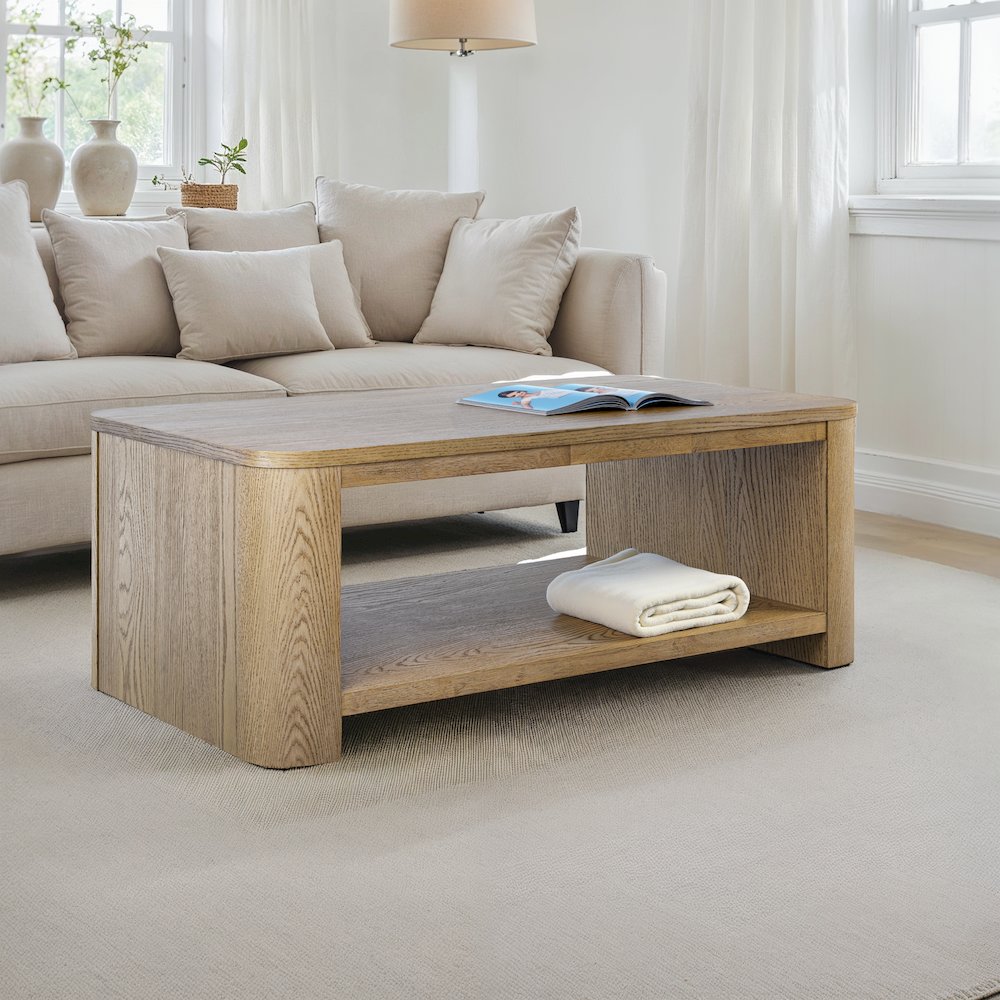 Janzen Contemporary Modern 50" Rolling Coffee Table with Open Storage Shelf