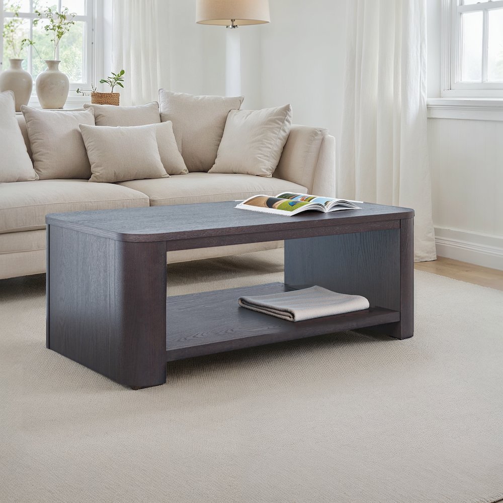 Janzen Contemporary Modern 50" Rolling Coffee Table with Open Storage Shelf