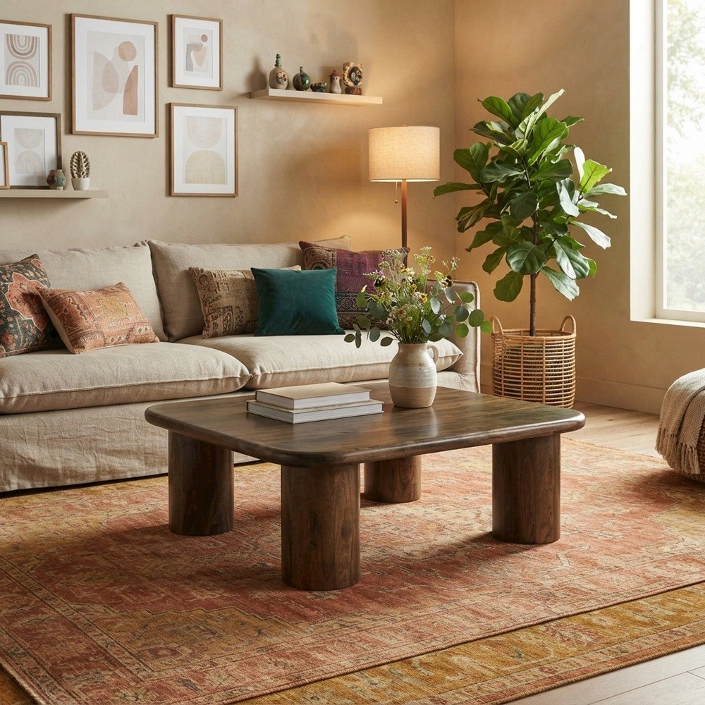 Solid Mango Wood Square Coffee Table for Living Room, Modern, Dark Brown