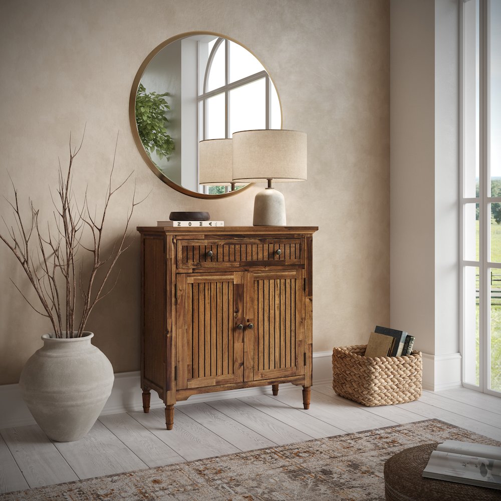 32" Slat Panel Door Accent Cabinet -Transitional Storage with Adjustable Shelves