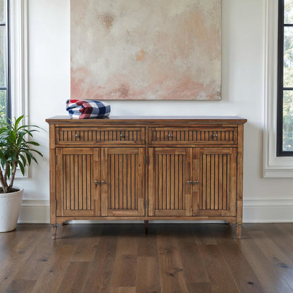 58" Slat Panel Door Sideboard Cabinet - Transitional Storage, Adjustable Shelves