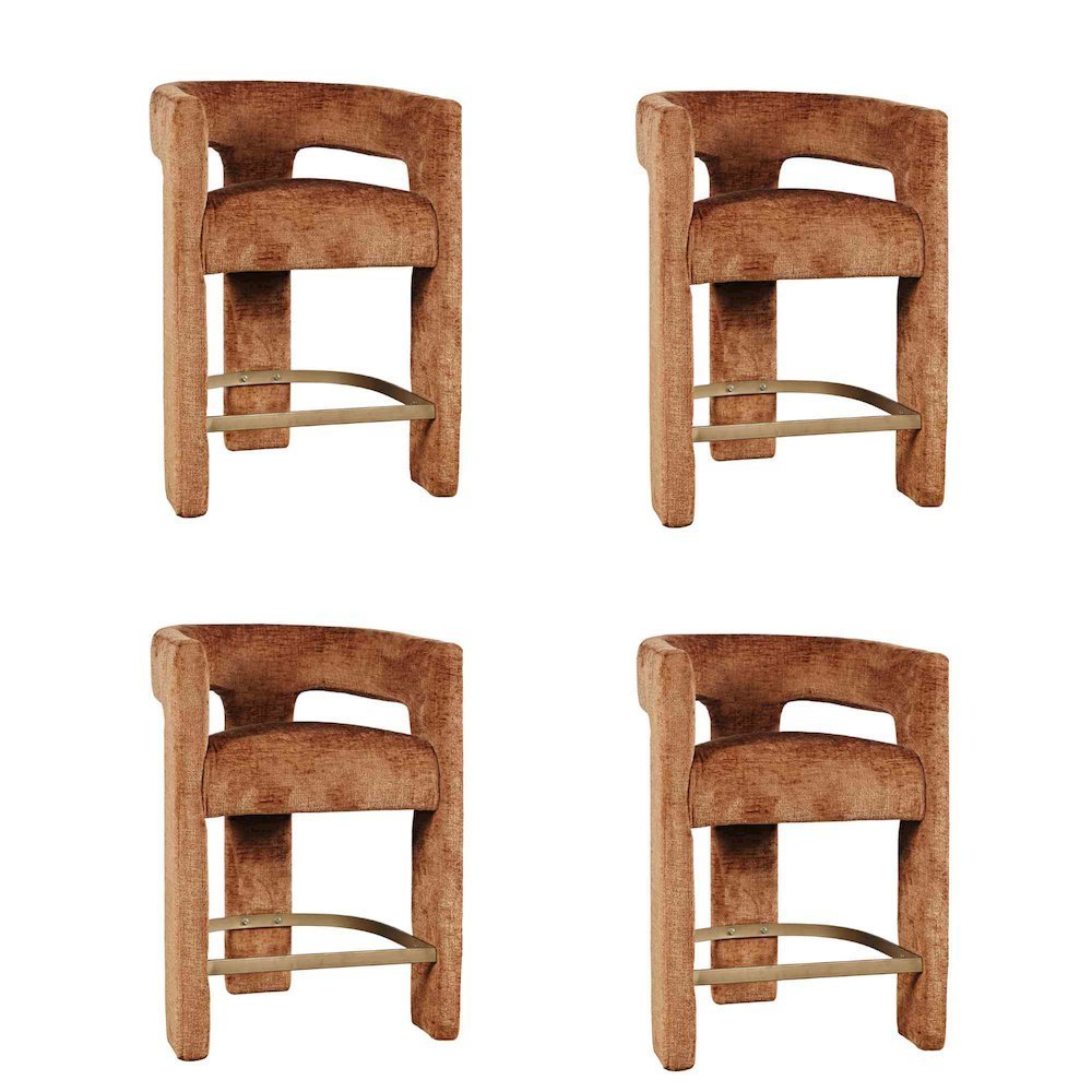 Modern Upholstered Counter Stool, Iron Frame, Rust, Set of 4