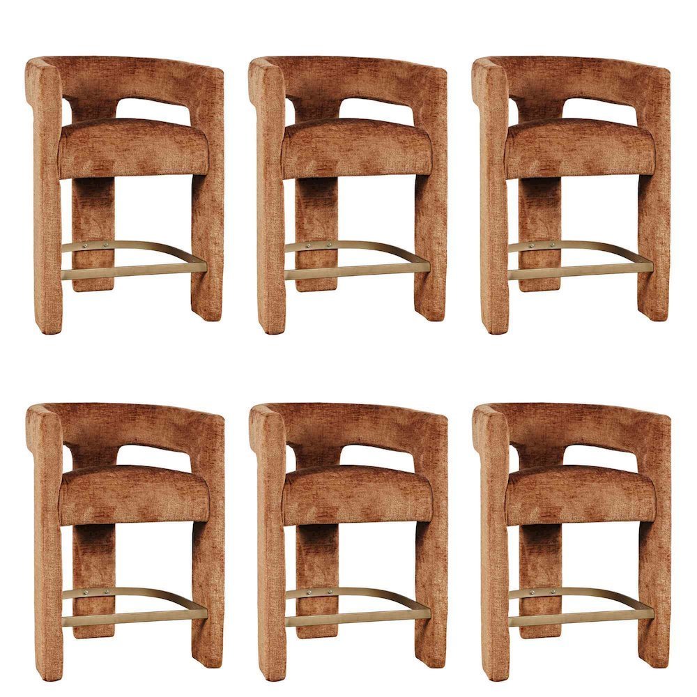 Modern Upholstered Counter Stool, Iron Frame, Rust, Set of 6