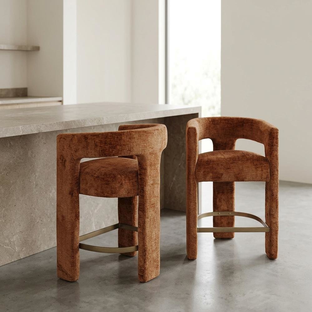 Modern Upholstered Counter Stool, Iron Frame, Rust, Set of 2