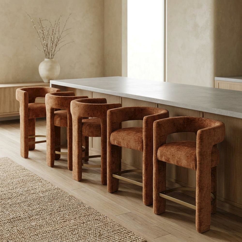 Modern Upholstered Counter Stool, Iron Frame, Rust, Set of 6