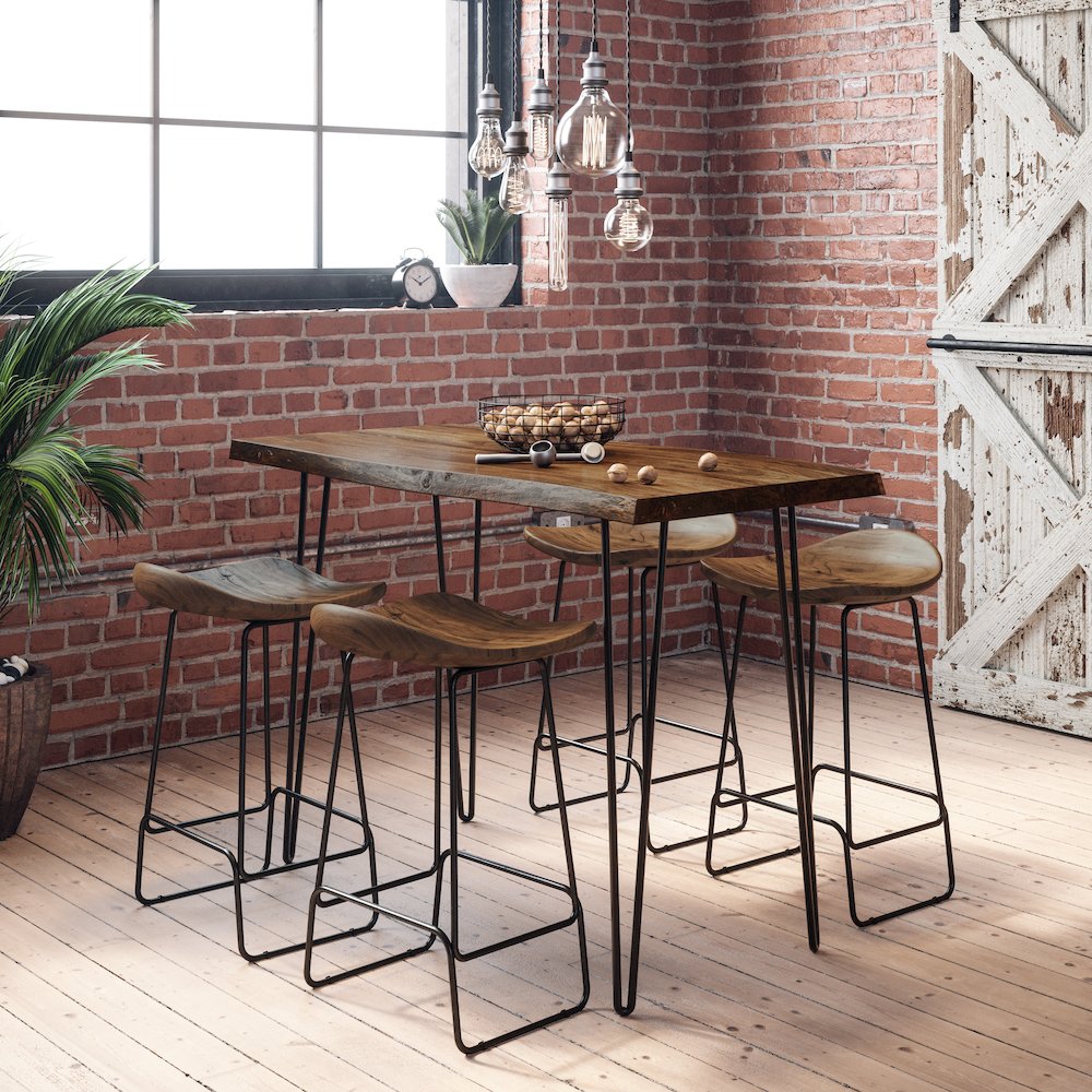 Solid Acacia 52" Five-Piece Counter Height Dining Set with Backless Barstools