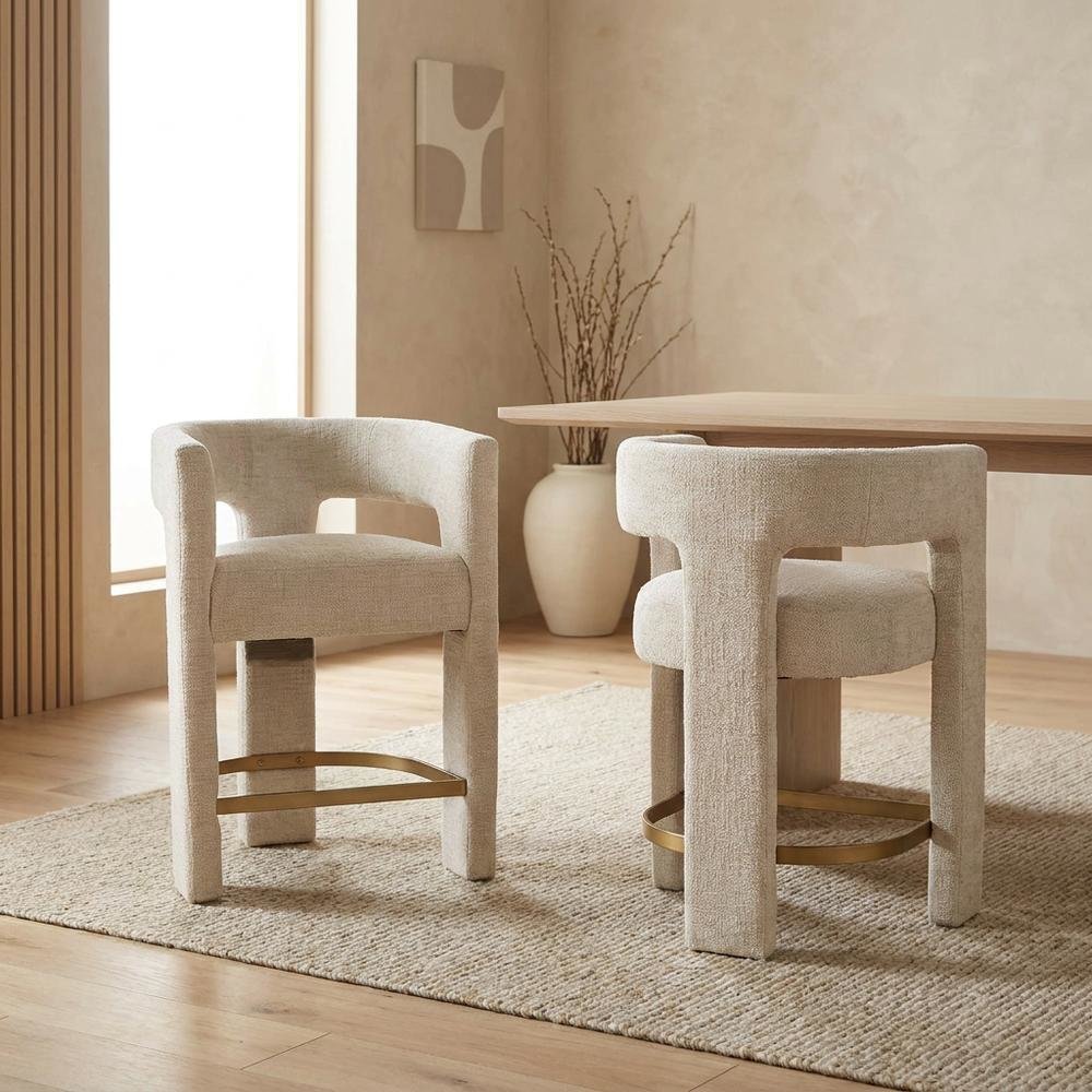 Modern Upholstered Counter Stool, Iron Frame, Natural, Set of 2