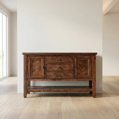 Acacia Veneer Buffet Server with Herringbone Distressed Finish, 3 Drawers, Oak