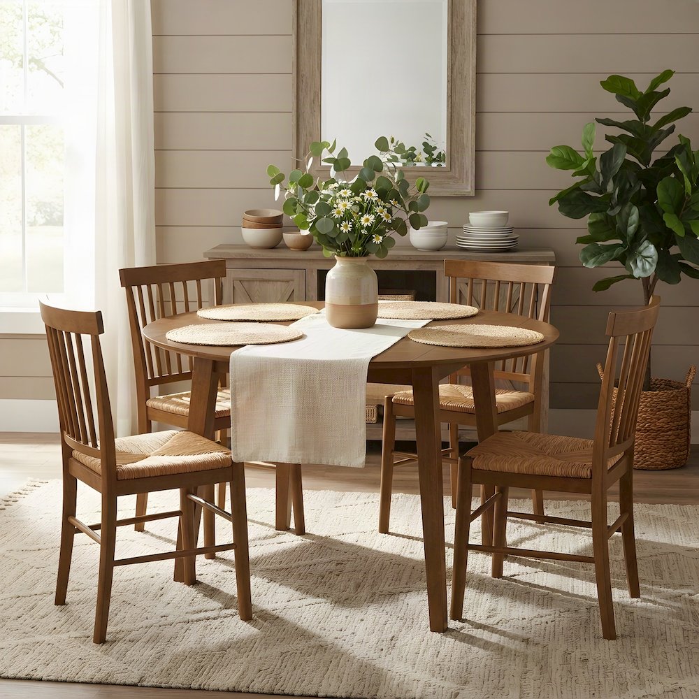 Solid Rubberwood Round Drop-Leaf Dining Table for Small Spaces, Honey