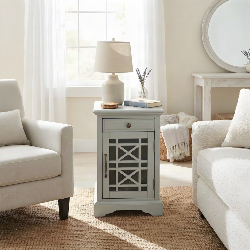 Acacia Veneer Nightstand with USB Charging, Drawer, and Door, Earl Grey