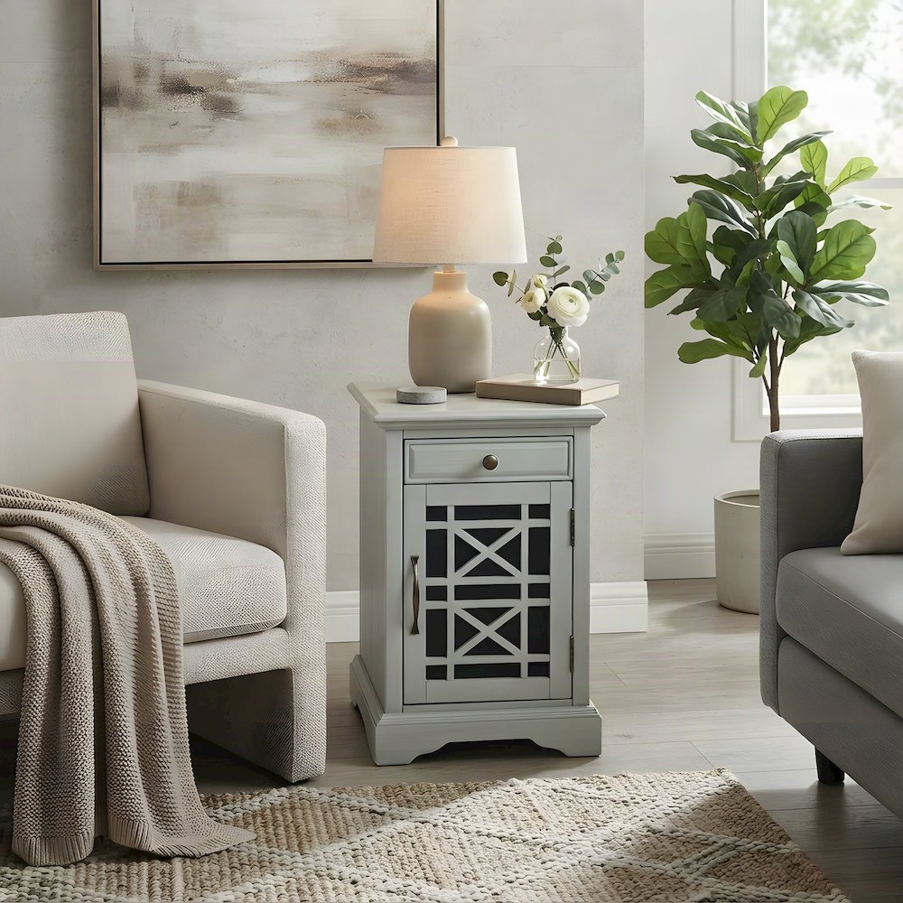 Acacia Veneer Nightstand with USB Charging, Drawer, and Door, Earl Grey