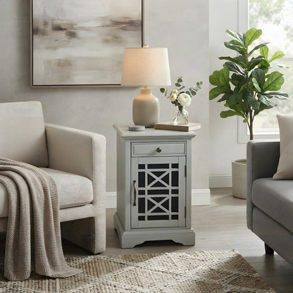 Acacia Veneer Nightstand with USB Charging, Drawer, and Door, Earl Grey