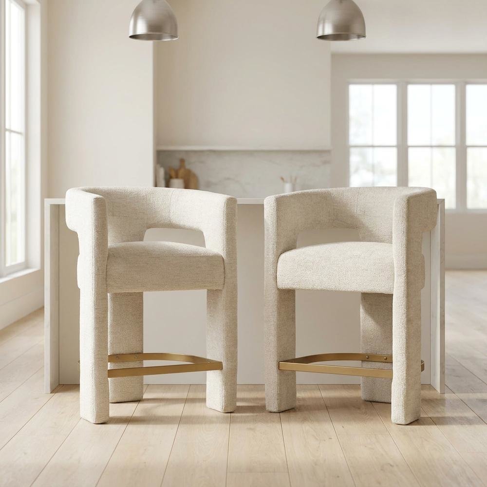 Modern Upholstered Counter Stool, Iron Frame, Natural, Set of 2