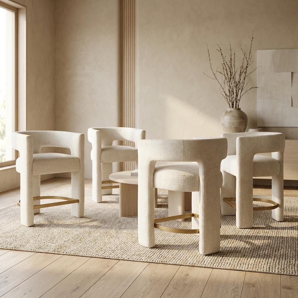 Modern Upholstered Counter Stool, Iron Frame, Natural, Set of 4