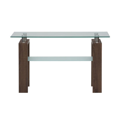 Compass Clear Modern Glass Sofa Table, Brown Wood and Glass