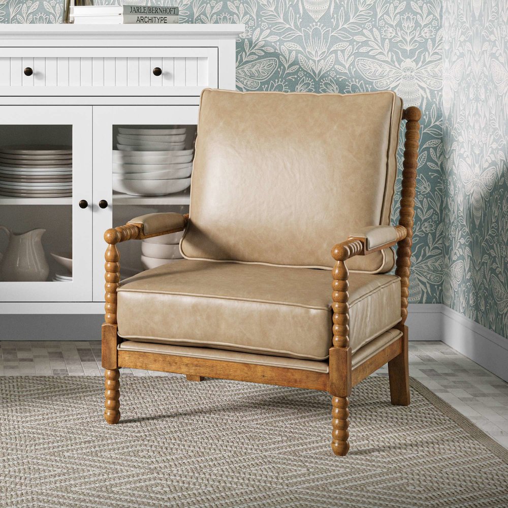 Ellsey Spindle Arm Faux Buff Leather Accent Chair