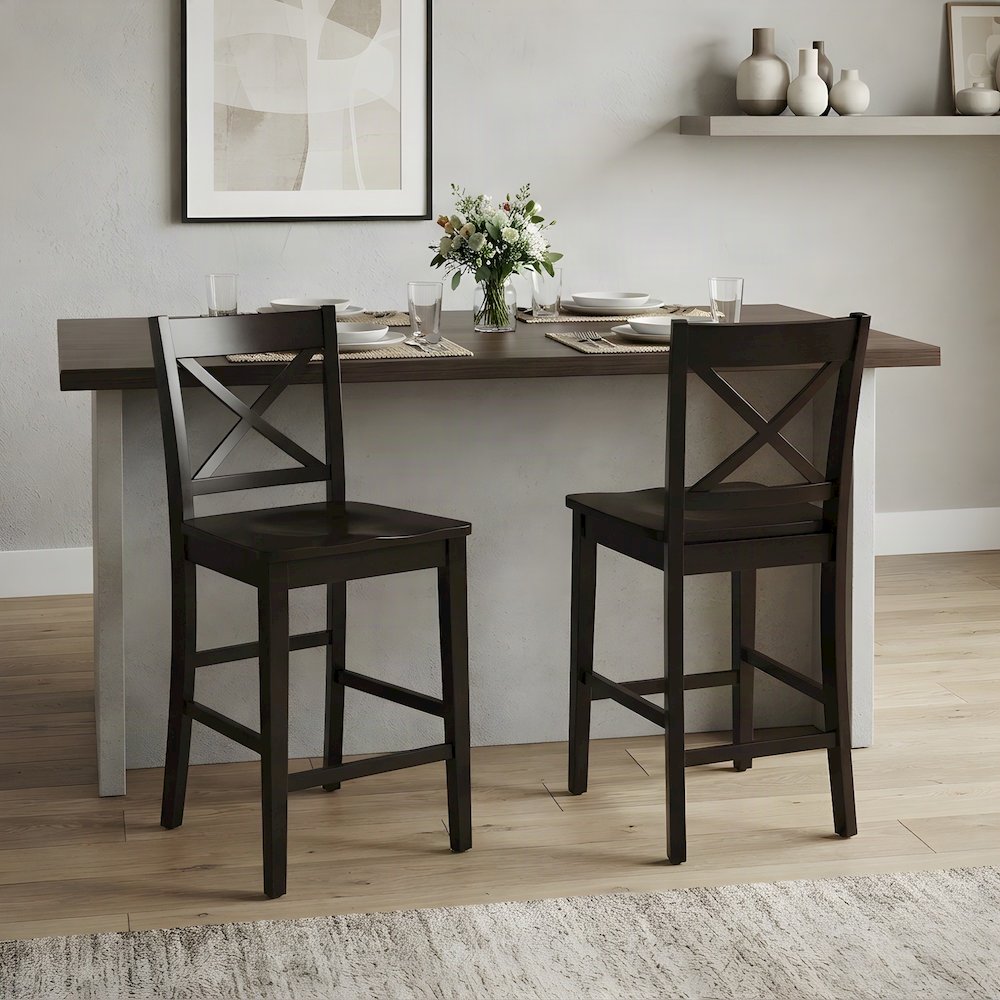 Acacia Wood X-Back Counter Height Barstools with Back, Set of 2, Espresso