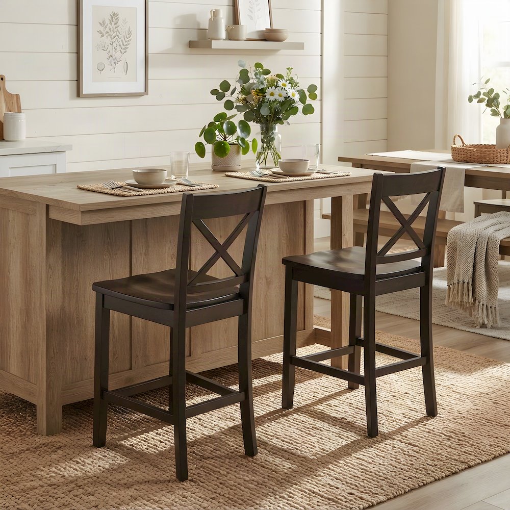 Acacia Wood X-Back Counter Height Barstools with Back, Set of 2, Espresso