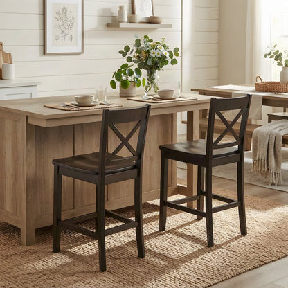 Acacia Wood X-Back Counter Height Barstools with Back, Set of 2, Espresso