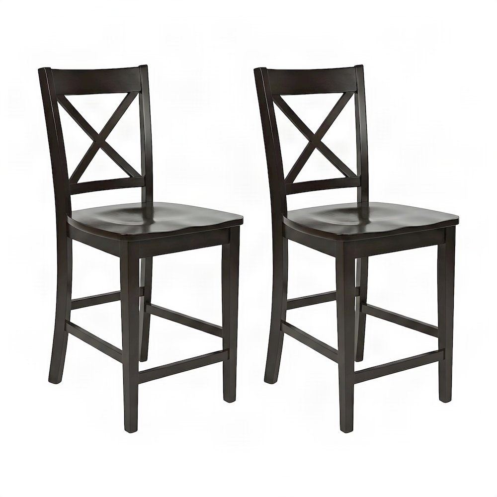 Acacia Wood X-Back Counter Height Barstools with Back, Set of 2, Espresso
