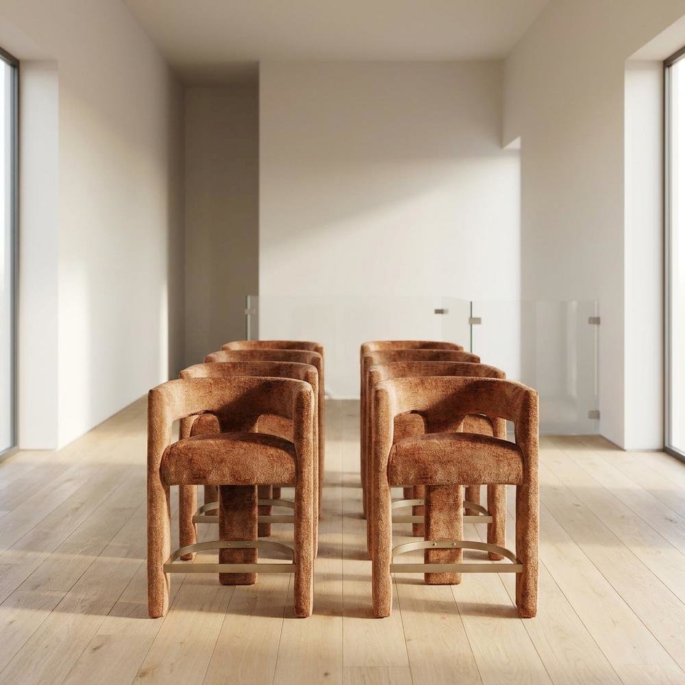 Modern Upholstered Counter Stool, Iron Frame, Rust, Set of 4