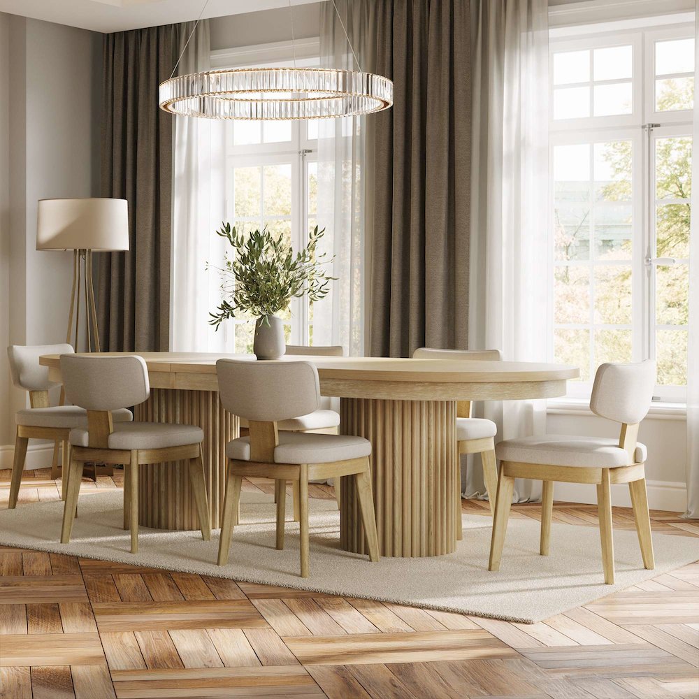 Auden 101" 7-Pc Mid-Century Modern Pedestal Dining Set, Upholstered Chairs