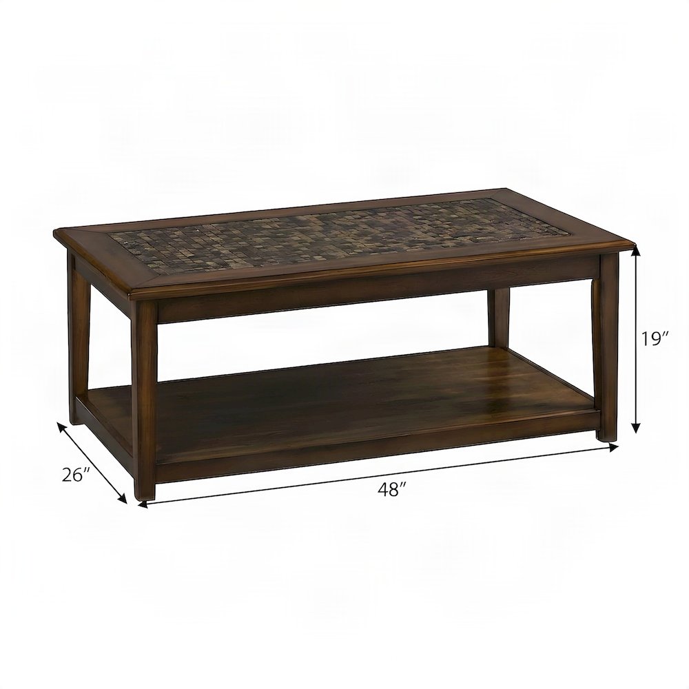 Veneer and Tile Coffee Table with Mosaic Inlay Top on Wheels, Brown