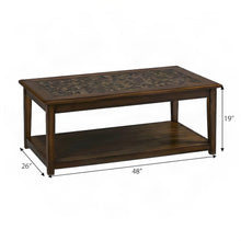 Veneer and Tile Coffee Table with Mosaic Inlay Top on Wheels, Brown