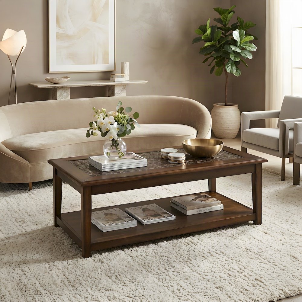 Veneer and Tile Coffee Table with Mosaic Inlay Top on Wheels, Brown