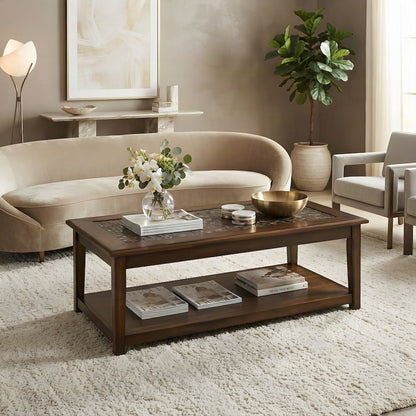 Veneer and Tile Coffee Table with Mosaic Inlay Top on Wheels, Brown