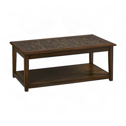 Veneer and Tile Coffee Table with Mosaic Inlay Top on Wheels, Brown