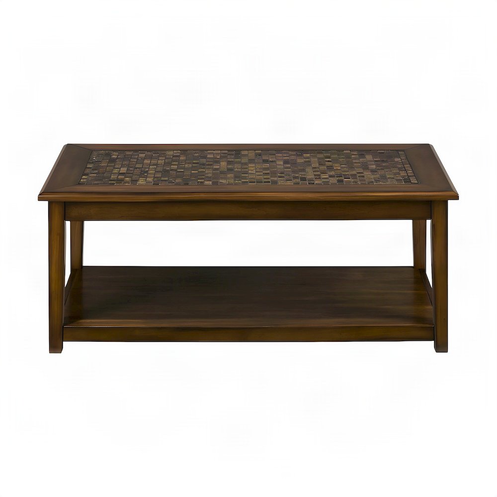Veneer and Tile Coffee Table with Mosaic Inlay Top on Wheels, Brown