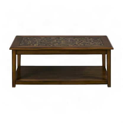 Veneer and Tile Coffee Table with Mosaic Inlay Top on Wheels, Brown